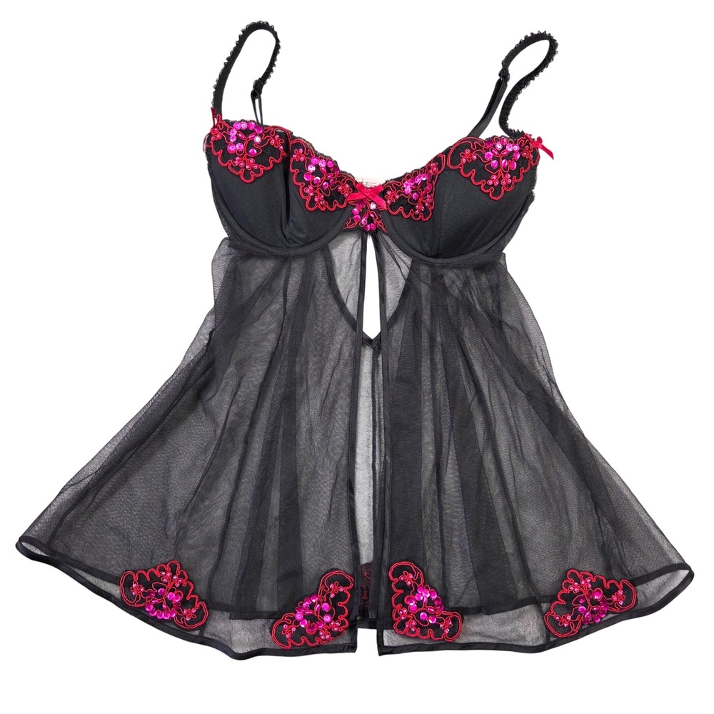 Victoria's Secret Black Red Sequin Embroidered Mesh Babydoll Chemise 34C Y2k